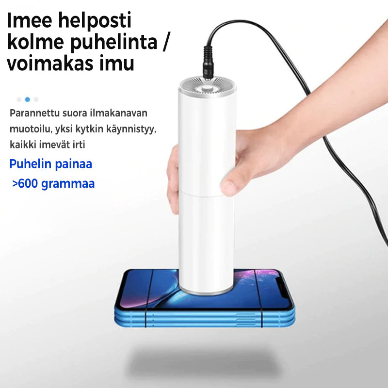 Bærbar støvsuger til bil i sort/sølv med ergonomisk design, kraftig 5000PA sugeevne, USB-C, ABS-materiale.