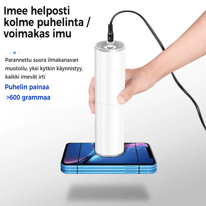 Bærbar støvsuger til bil i sort/sølv med ergonomisk design, kraftig 5000PA sugeevne, USB-C, ABS-materiale.