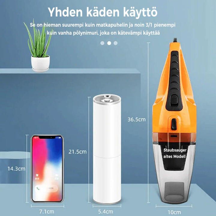 Bærbar støvsuger til bil i sort/sølv med ergonomisk design, kraftig 5000PA sugeevne, USB-C, ABS-materiale.