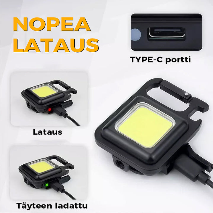 Sort multifunktionel LED nødsituation nøglering lygte, kompakt og kraftfuld, velegnet til udendørs og indendørs brug.