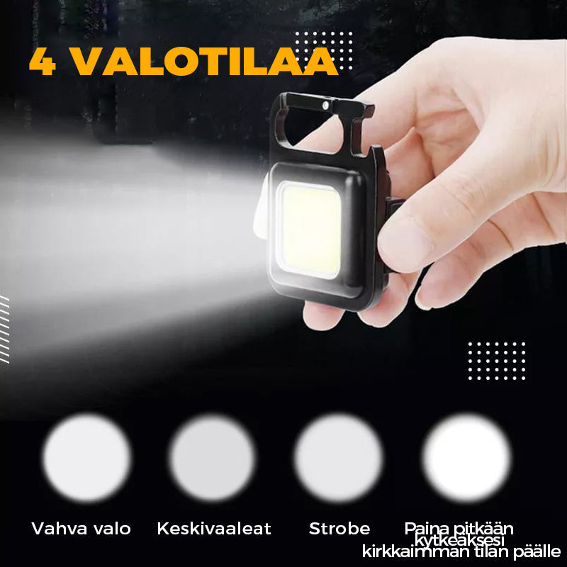 Sort multifunktionel LED nødsituation nøglering lygte, kompakt og kraftfuld, velegnet til udendørs og indendørs brug.