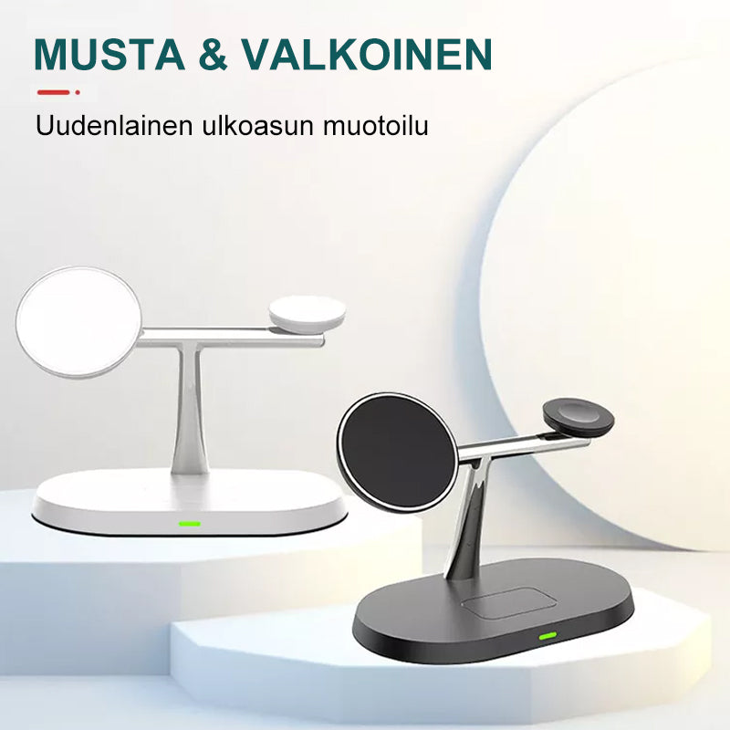 Sort og hvid 3-i-1 trådløs oplader til mænd og kvinder, lodret position, oplader tre enheder samtidigt.