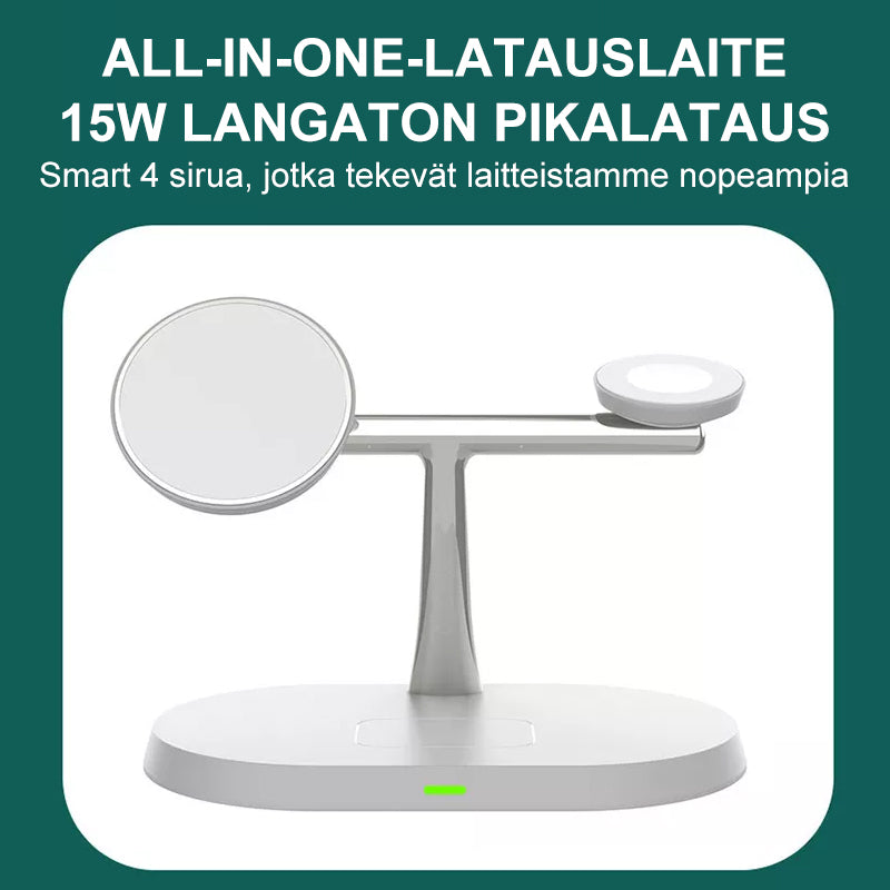 Sort og hvid 3-i-1 trådløs oplader til mænd og kvinder, lodret position, oplader tre enheder samtidigt.