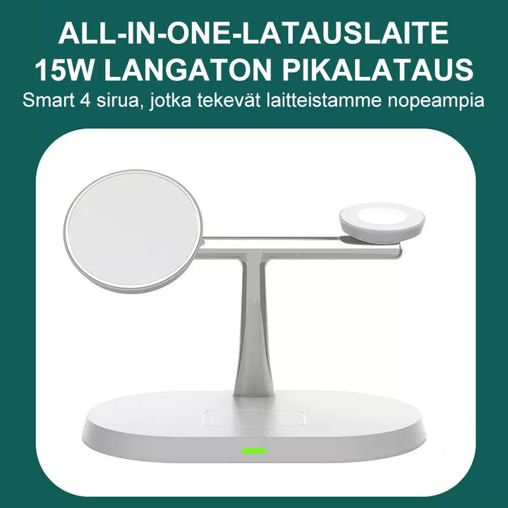 Sort og hvid 3-i-1 trådløs oplader til mænd og kvinder, lodret position, oplader tre enheder samtidigt.