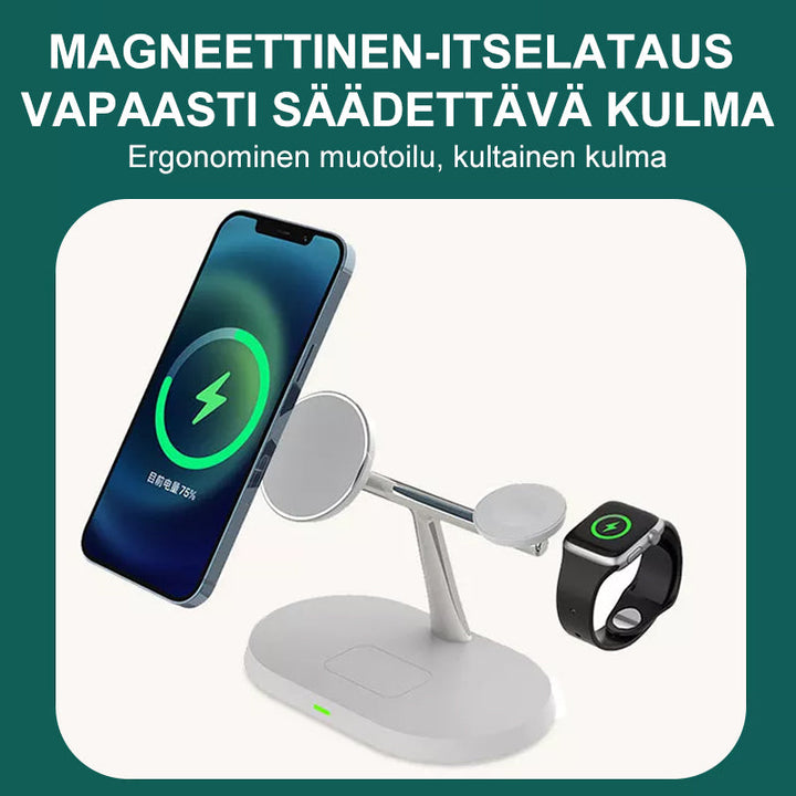 Sort og hvid 3-i-1 trådløs oplader til mænd og kvinder, lodret position, oplader tre enheder samtidigt.
