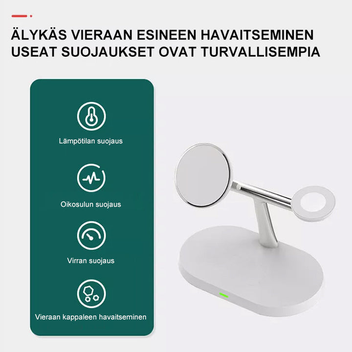 Sort og hvid 3-i-1 trådløs oplader til mænd og kvinder, lodret position, oplader tre enheder samtidigt.