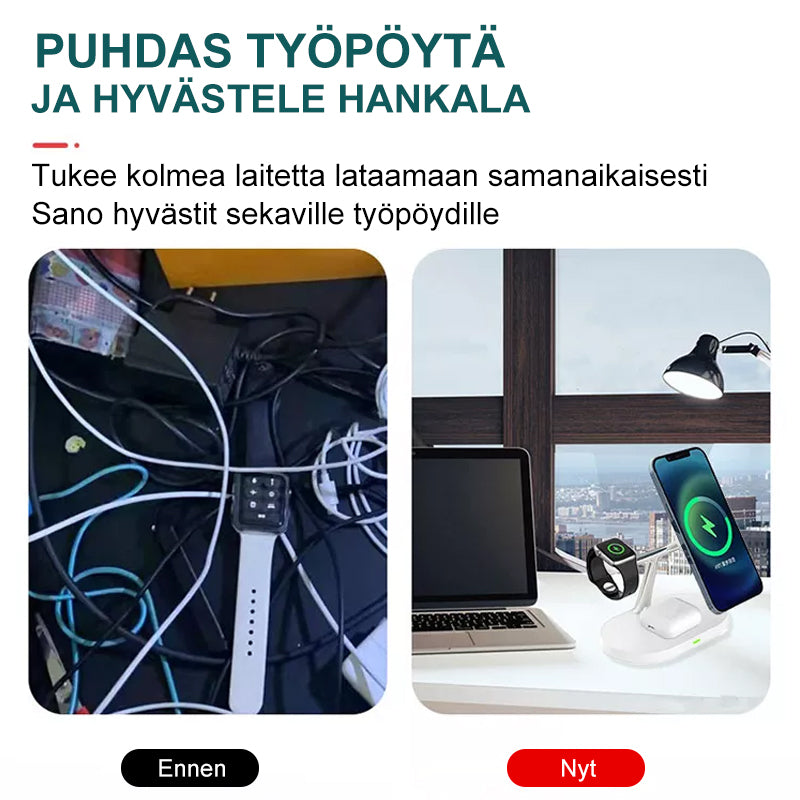 Sort og hvid 3-i-1 trådløs oplader til mænd og kvinder, lodret position, oplader tre enheder samtidigt.