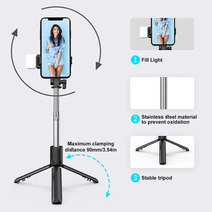 "Musta/valkoinen 6-in-1 langaton Bluetooth selfietikku tripod, kestävä ja kevyt muotoilu, monikäyttöinen valokuvaukseen."
