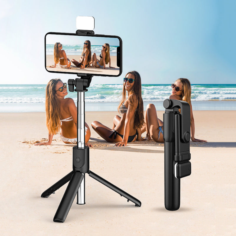 "Musta/valkoinen 6-in-1 langaton Bluetooth selfietikku tripod, kestävä ja kevyt muotoilu, monikäyttöinen valokuvaukseen."