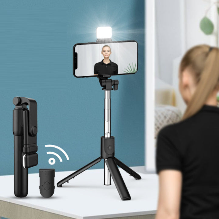 "Musta/valkoinen 6-in-1 langaton Bluetooth selfietikku tripod, kestävä ja kevyt muotoilu, monikäyttöinen valokuvaukseen."