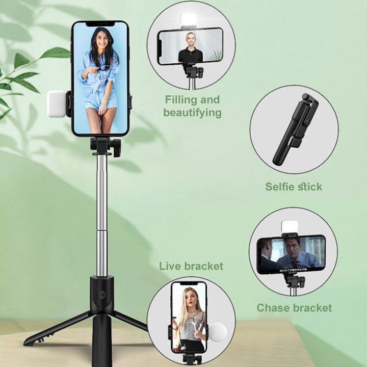 "Musta/valkoinen 6-in-1 langaton Bluetooth selfietikku tripod, kestävä ja kevyt muotoilu, monikäyttöinen valokuvaukseen."
