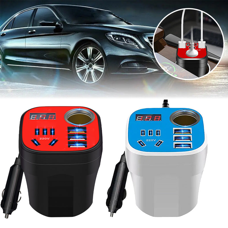"Musta/valkoinen auton kupin invertteri 12v-110v alumiinipinnalla, sopii kupinpidikkeeseen, sisältää älykkään LED-näytön."