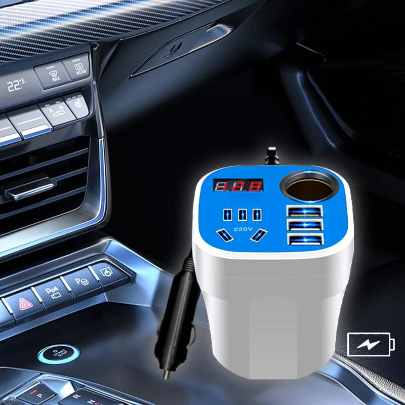 "Musta/valkoinen auton kupin invertteri 12v-110v alumiinipinnalla, sopii kupinpidikkeeseen, sisältää älykkään LED-näytön."
