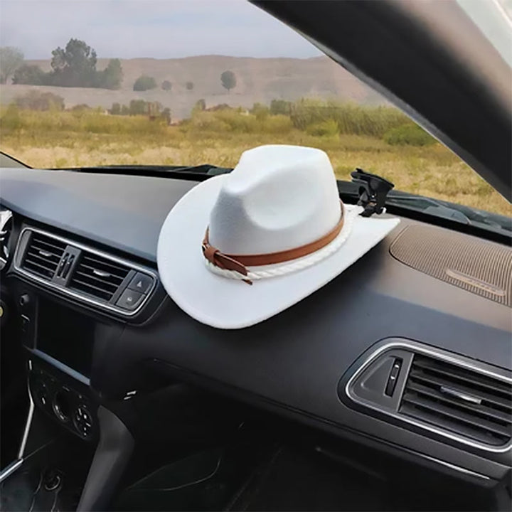 Mustavalkoinen auton cowboyhatun pidike, kestävä muotoilu nahkaisella nauhalla, sopii monenlaisiin hattuihin.