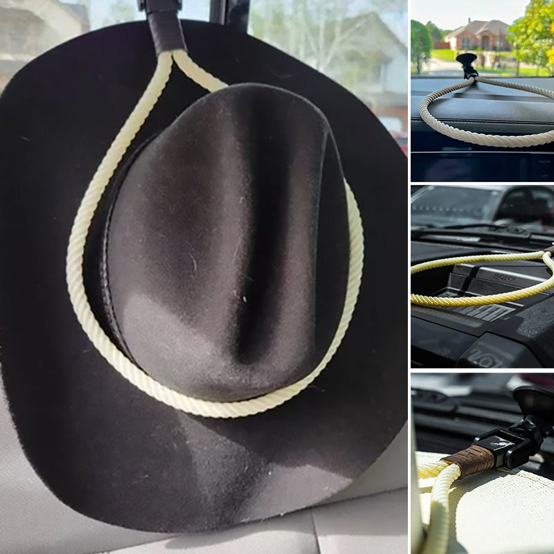 Mustavalkoinen auton cowboyhatun pidike, kestävä muotoilu nahkaisella nauhalla, sopii monenlaisiin hattuihin.
