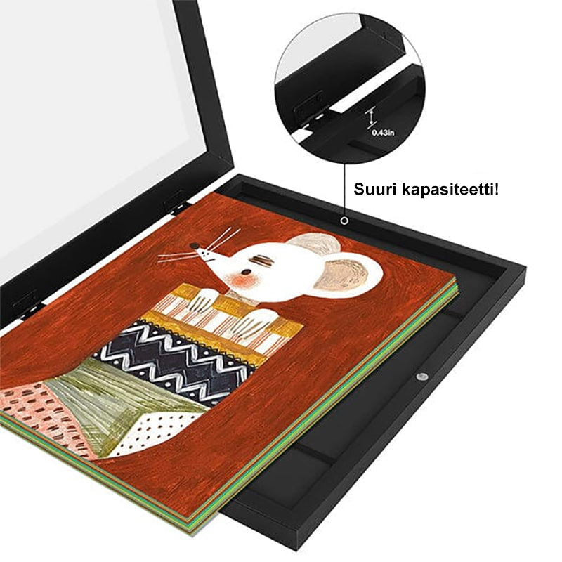 Børne kunstramme sort/hvid 10x12,5 tommer, minimalistisk, ophængt på væggen.
