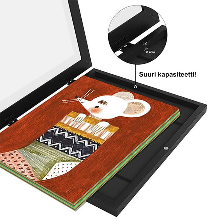 Børne kunstramme sort/hvid 10x12,5 tommer, minimalistisk, ophængt på væggen.