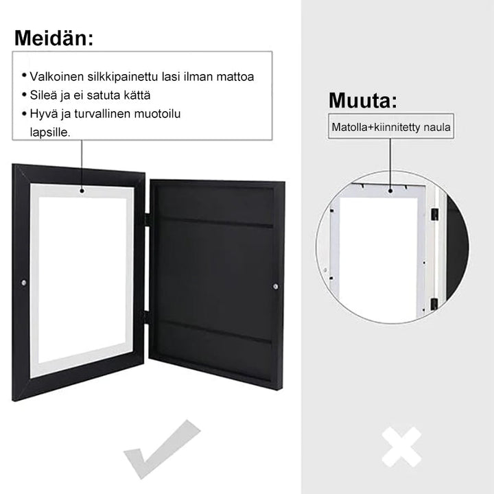 Børne kunstramme sort/hvid 10x12,5 tommer, minimalistisk, ophængt på væggen.
