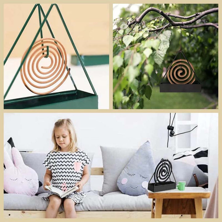 Sort/grøn jern trekantet myggespiralholder, moderne design, brandsikkert og velegnet til indendørs eller udendørs brug.