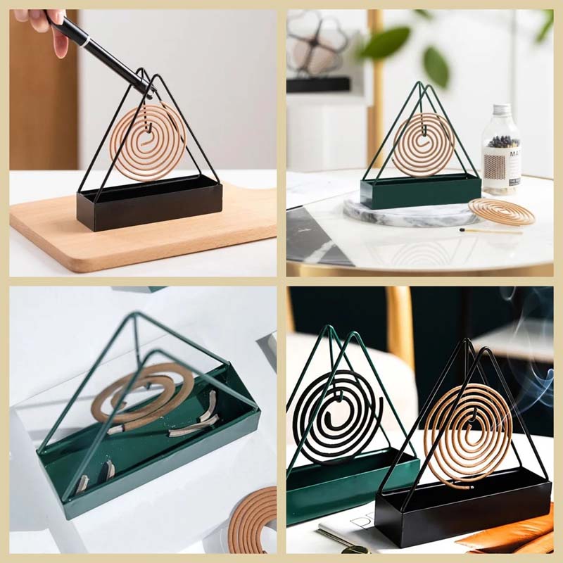 Sort/grøn jern trekantet myggespiralholder, moderne design, brandsikkert og velegnet til indendørs eller udendørs brug.
