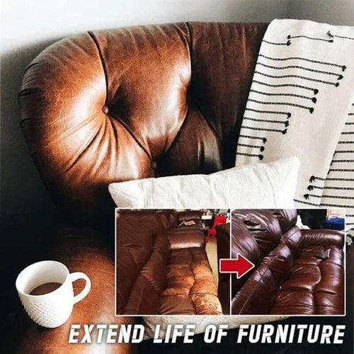 Nahkakorjausgeeli auton istuimen naarmun korjaus, ennen ja jälkeen käyttö, beige ja musta sävy.