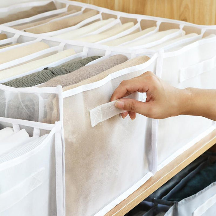 Nylon tøj opbevaringsboks, grå farve, net og oxford stof, til organisering i garderoben og skuffen