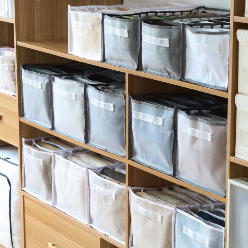 Nylon tøj opbevaringsboks, grå farve, net og oxford stof, til organisering i garderoben og skuffen