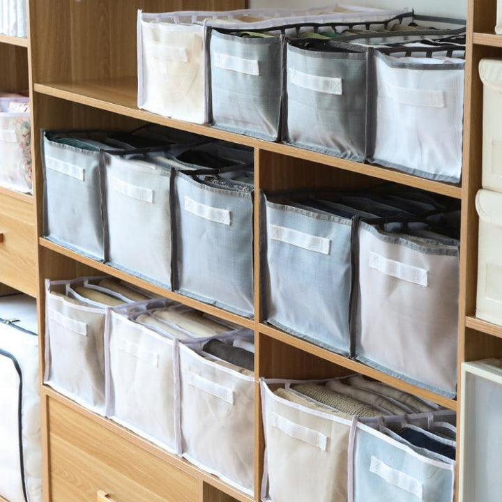 Nylon tøj opbevaringsboks, grå farve, net og oxford stof, til organisering i garderoben og skuffen
