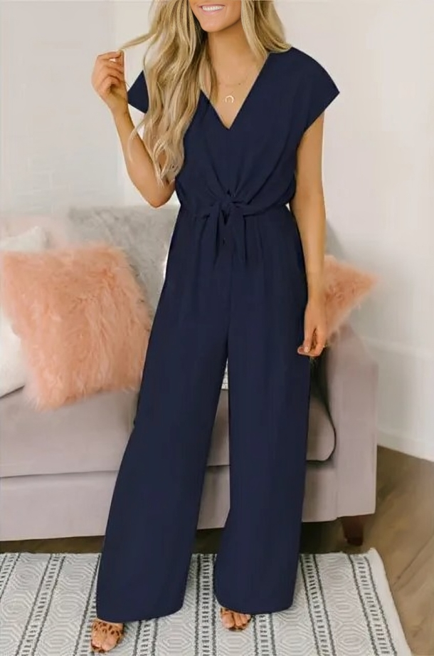 Dame Afslappet Jumpsuit V-hals med vide ben og åndbart materiale, perfekt til sommerstil.