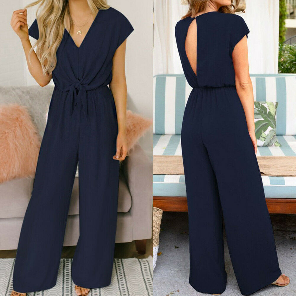Dame Afslappet Jumpsuit V-hals med vide ben og åndbart materiale, perfekt til sommerstil.