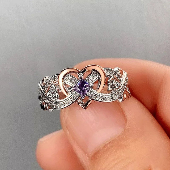 Dame hjerte- og rose ametystring i kobber og zirkon, luksuriøs lilla krystal, smykke billede