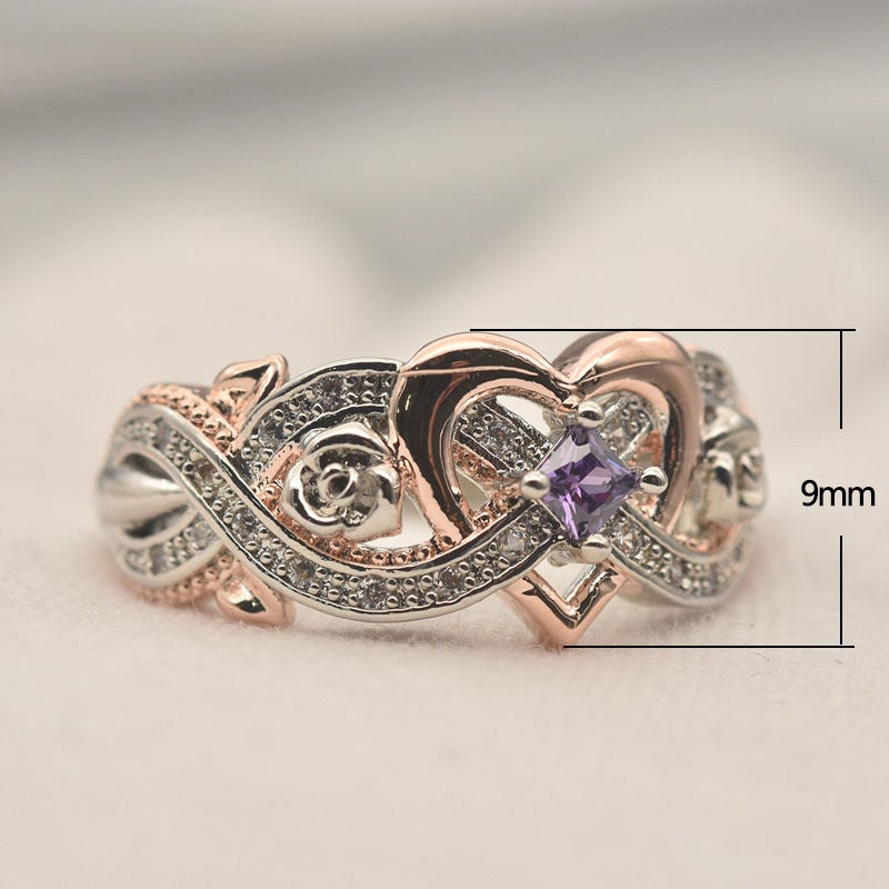 Dame hjerte- og rose ametystring i kobber og zirkon, luksuriøs lilla krystal, smykke billede