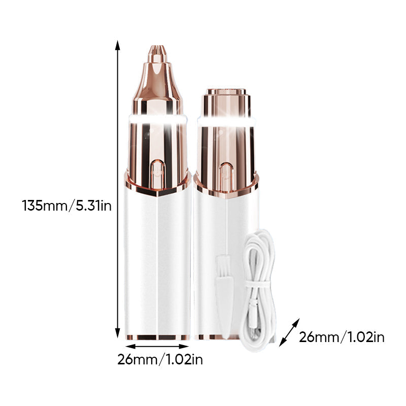 Dame 2-i-1 brynstrimmer, læbestift-design, med LED-lys, mikro-præcisionsklinger, kompakt design, USB-genopladelig.