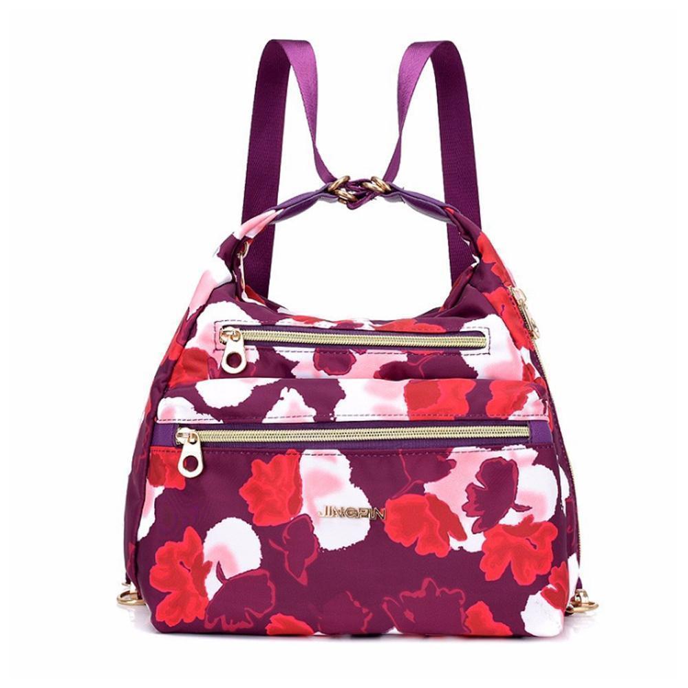 Dame 3-i-1 taske, rummelig nylon skuldertaske, håndtaske og rygsæk, sort, rød eller blomstermønster, justerbar rem.