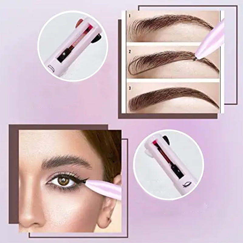 "Dame 4-i-1 multifunktionel makeup-blyant i sort, brun og malva, smukt præsenteret på en hvid baggrund."