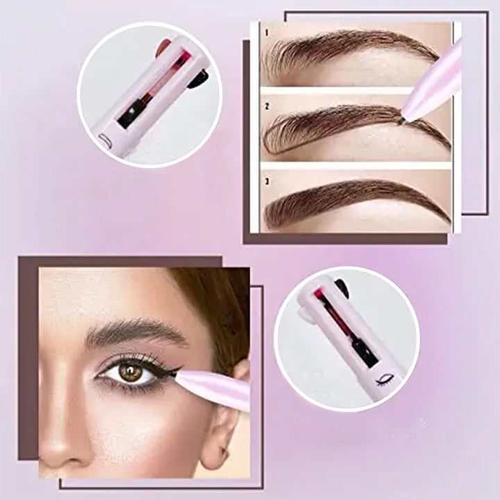 "Dame 4-i-1 multifunktionel makeup-blyant i sort, brun og malva, smukt præsenteret på en hvid baggrund."