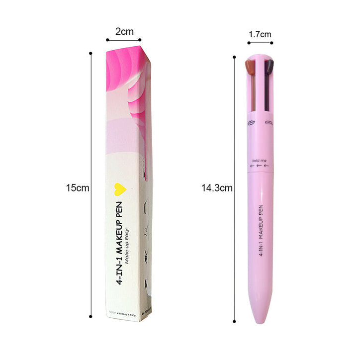 "Dame 4-i-1 multifunktionel makeup-blyant i sort, brun og malva, smukt præsenteret på en hvid baggrund."
