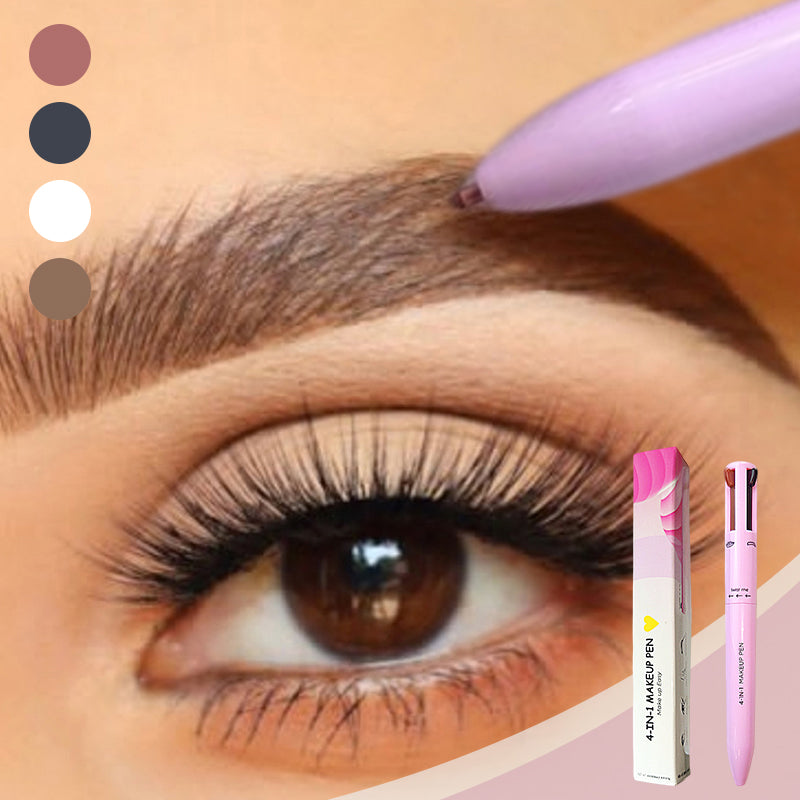 "Dame 4-i-1 multifunktionel makeup-blyant i sort, brun og malva, smukt præsenteret på en hvid baggrund."