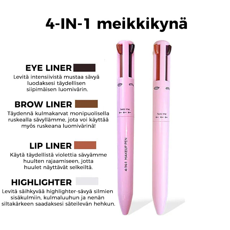 "Dame 4-i-1 multifunktionel makeup-blyant i sort, brun og malva, smukt præsenteret på en hvid baggrund."