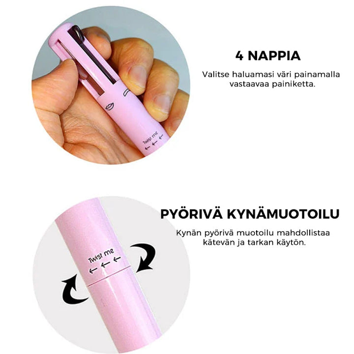 "Dame 4-i-1 multifunktionel makeup-blyant i sort, brun og malva, smukt præsenteret på en hvid baggrund."