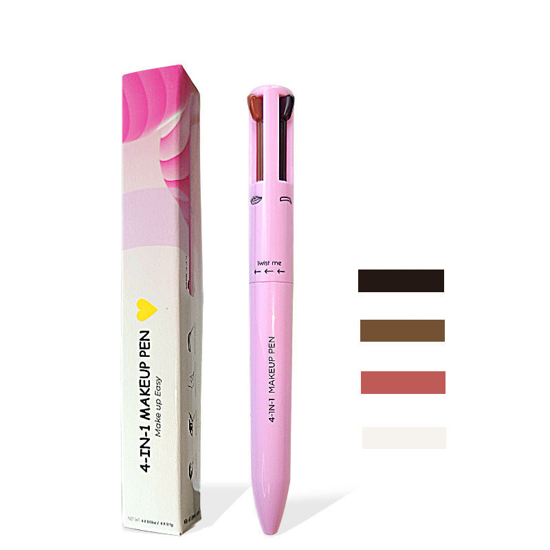 "Dame 4-i-1 multifunktionel makeup-blyant i sort, brun og malva, smukt præsenteret på en hvid baggrund."