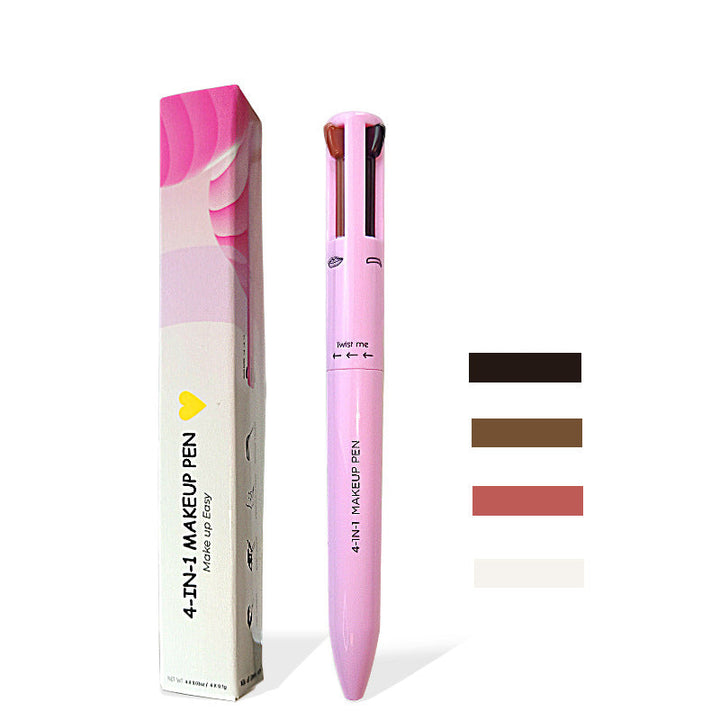 "Dame 4-i-1 multifunktionel makeup-blyant i sort, brun og malva, smukt præsenteret på en hvid baggrund."