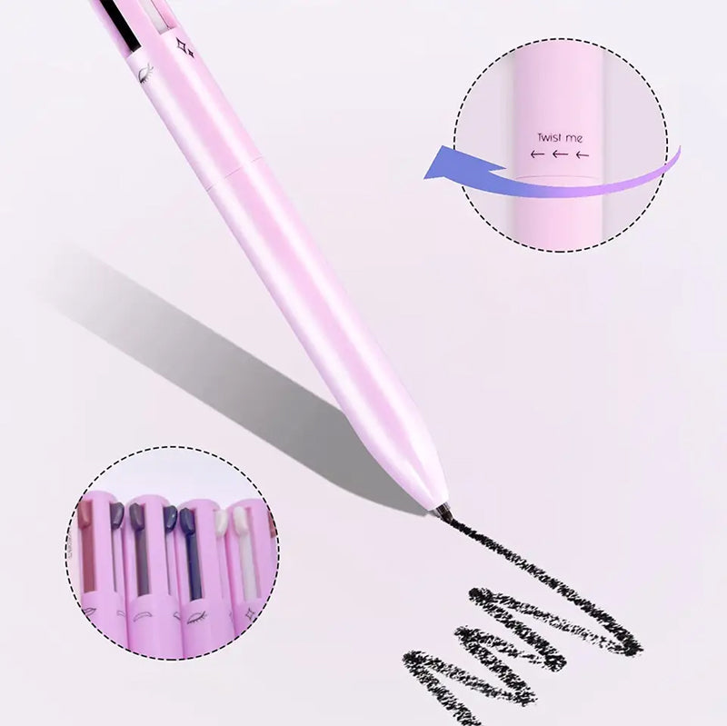 "Dame 4-i-1 multifunktionel makeup-blyant i sort, brun og malva, smukt præsenteret på en hvid baggrund."