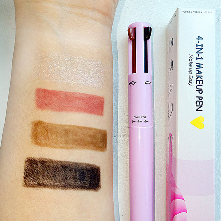 "Dame 4-i-1 multifunktionel makeup-blyant i sort, brun og malva, smukt præsenteret på en hvid baggrund."