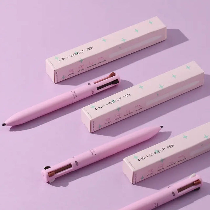 "Dame 4-i-1 multifunktionel makeup-blyant i sort, brun og malva, smukt præsenteret på en hvid baggrund."