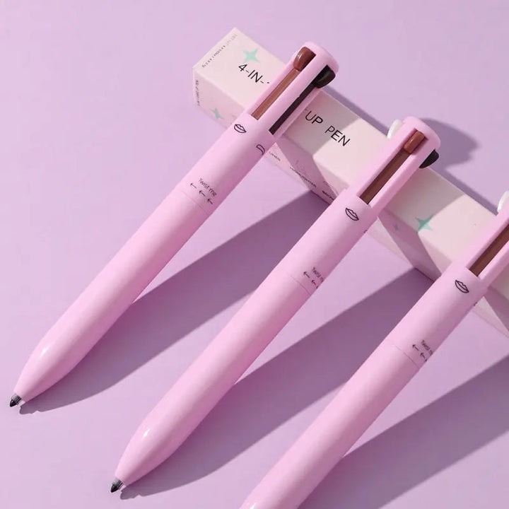 "Dame 4-i-1 multifunktionel makeup-blyant i sort, brun og malva, smukt præsenteret på en hvid baggrund."