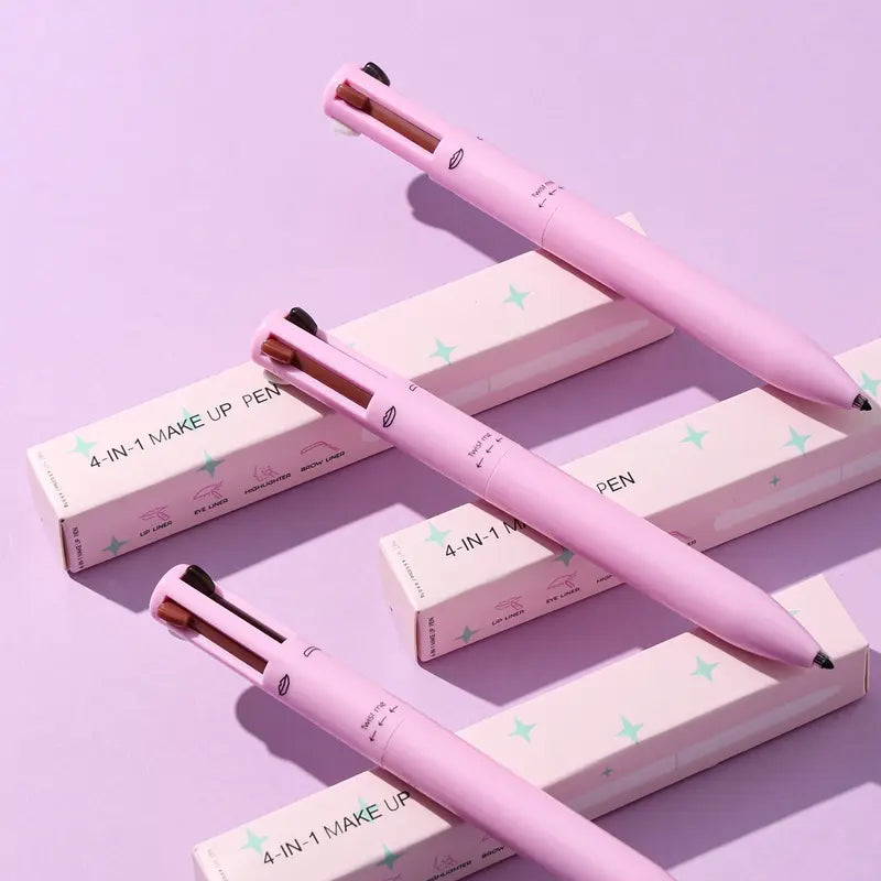 "Dame 4-i-1 multifunktionel makeup-blyant i sort, brun og malva, smukt præsenteret på en hvid baggrund."