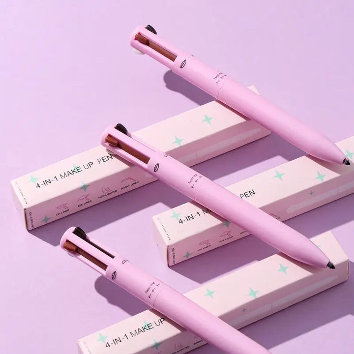 "Dame 4-i-1 multifunktionel makeup-blyant i sort, brun og malva, smukt præsenteret på en hvid baggrund."