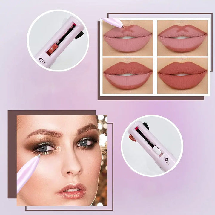 "Dame 4-i-1 multifunktionel makeup-blyant i sort, brun og malva, smukt præsenteret på en hvid baggrund."