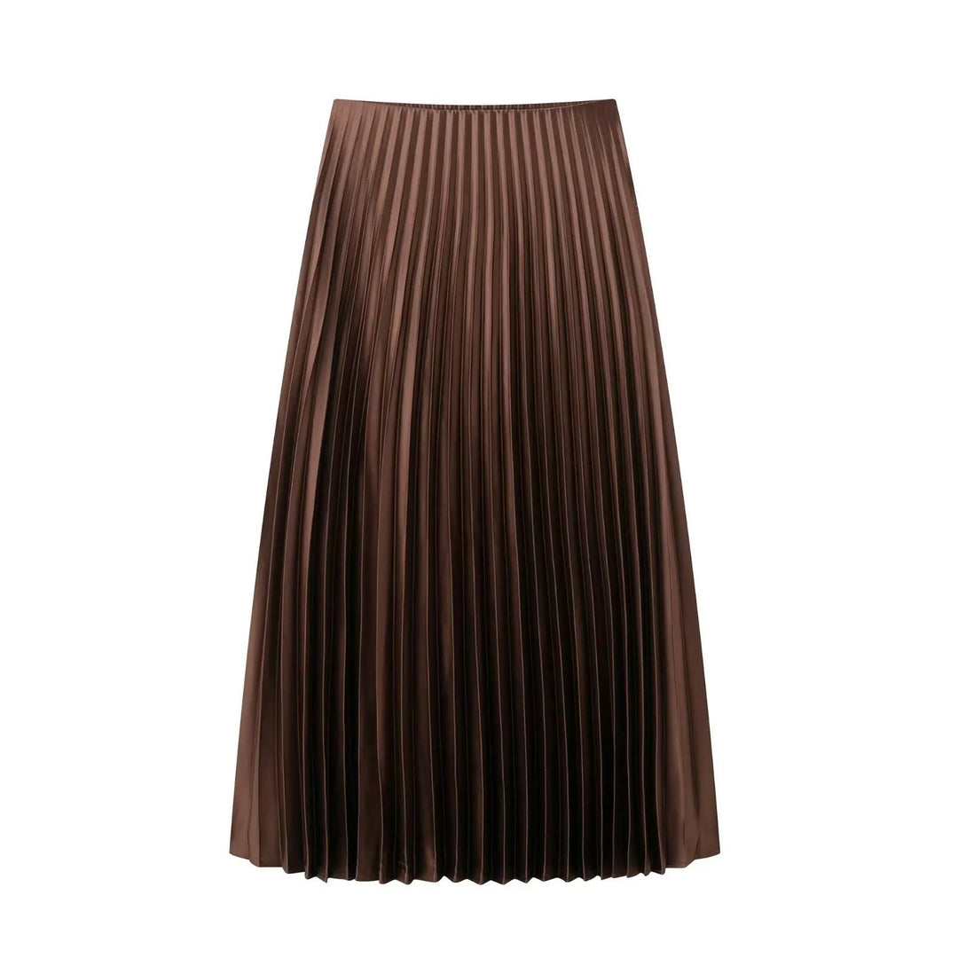 Dame A-linjet satin midi nederdel, skinnende overflade, elastisk talje, elegant look, nem at kombinere.